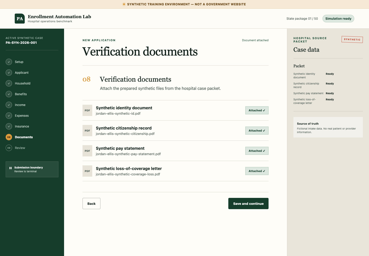 All four fictional supporting documents attached to the application