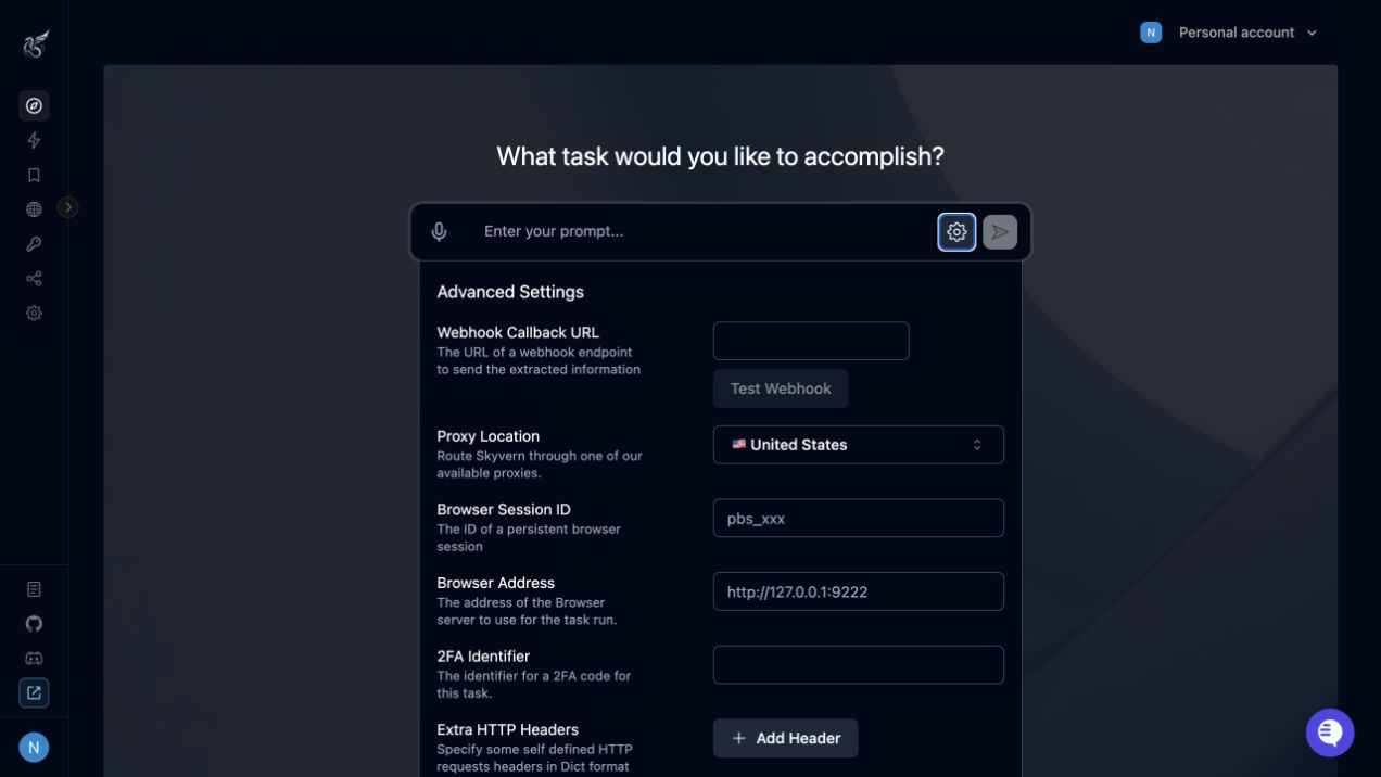 Optional Skyvern settings for browser sessions, proxies, 2FA, and webhooks